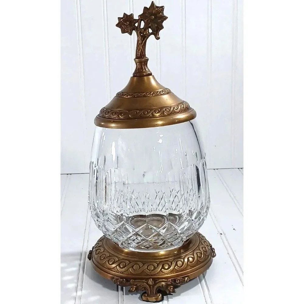 CASTILIAN  LEAD CUT CRYSTAL BRONZE PEDESTAL CANDLE LAMP CENTERPIECE BOWL VASE - Picture 6 of 11